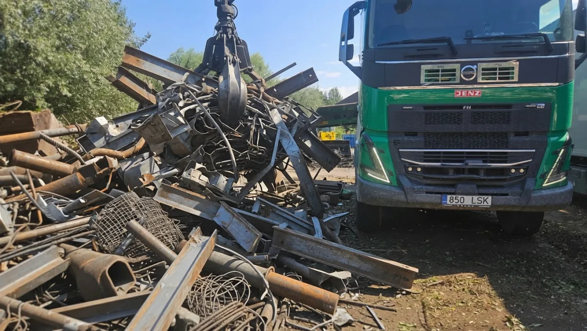 Greifer laadib vanametalli rohelisse veokisse